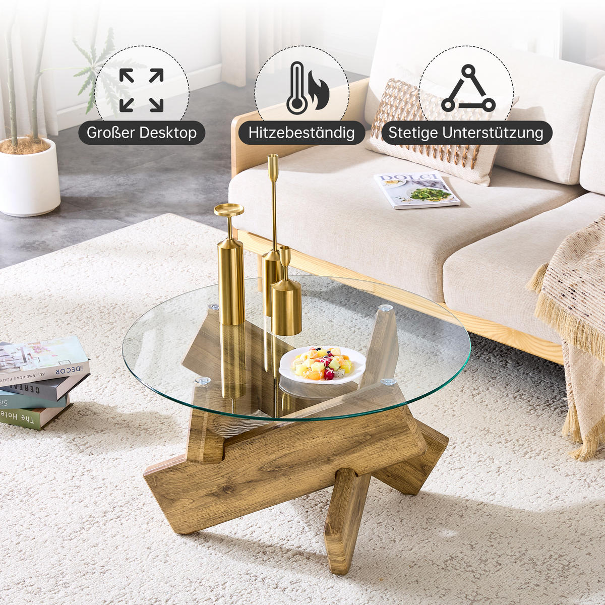 COUCHTISCH 79 cm Durchmesser mit Glasplatte und kreative Kreuz-Stütze aus MDF und Holz - Klar, Holzwerkstoff (79/79/45cm) - OKWISH