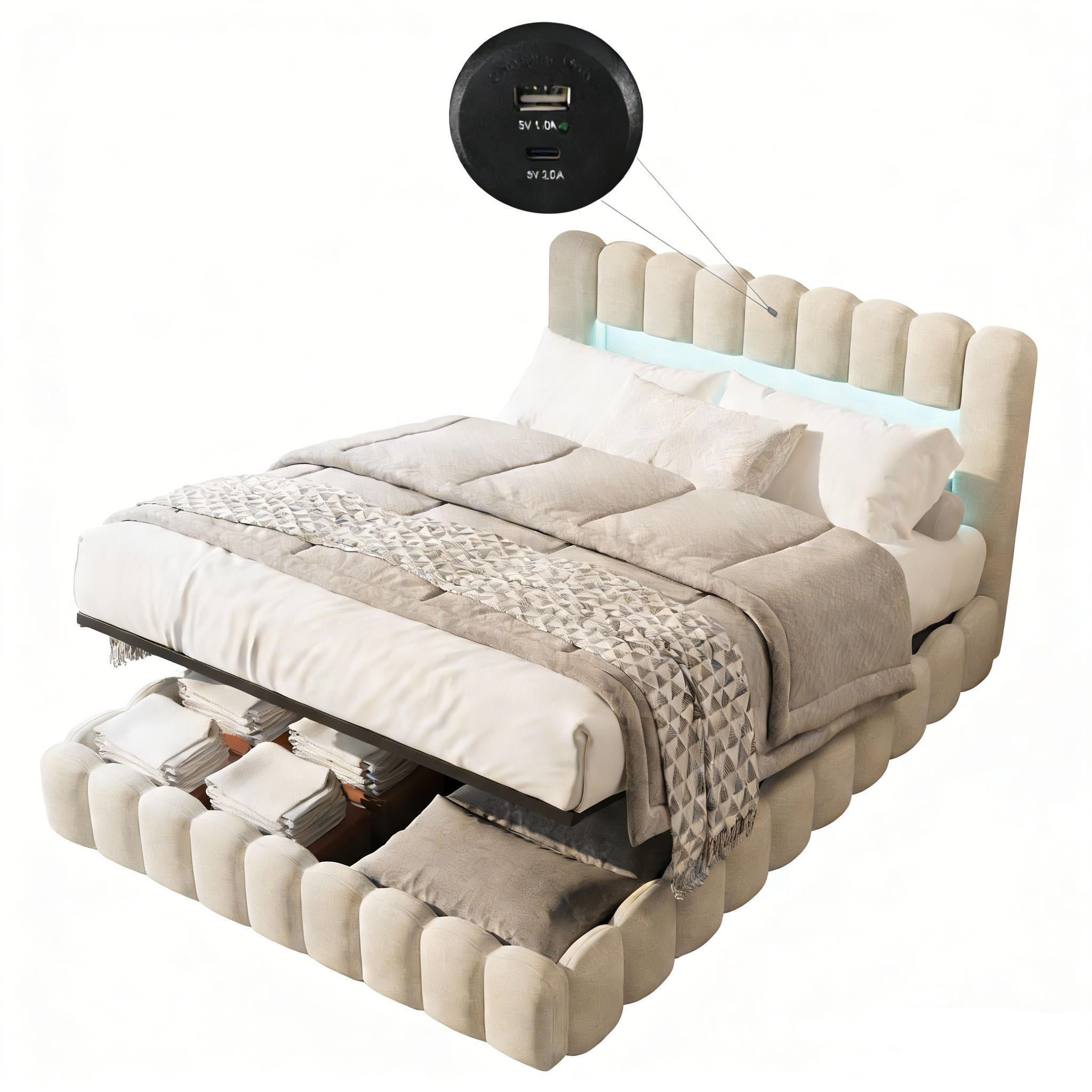 POLSTERBETT 140/200 cm mit LED und Ladefunktion Beige - Beige, Holz/Metall (140/200cm) - PARAFTA HOME