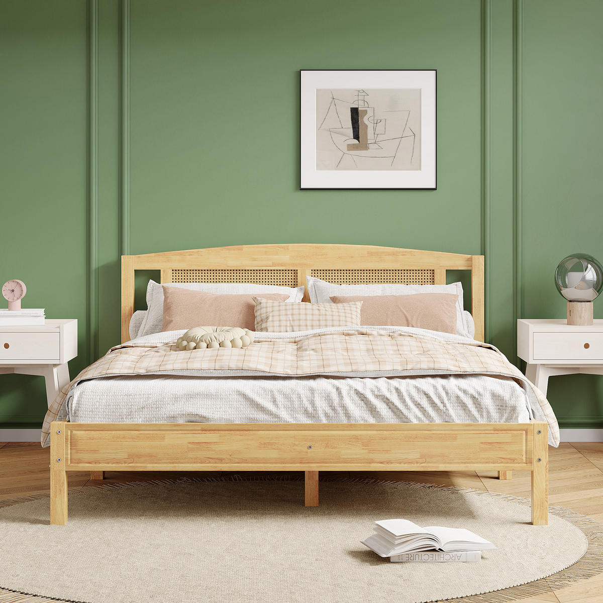 DOPPELBETT 160/200 cm Natur Rattanbett mit stabilen Mittelfüßen aus Kiefer - Naturfarben, Holzwerkstoff (160/200cm) - OKWISH