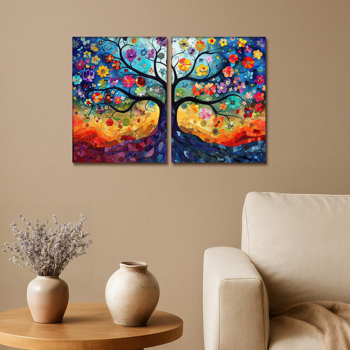 LEINWANDBILD 2er Set Bunt - Baum des Lebens - Blumen - Abstrakt 60x40 cm - Blau, Textil (60/40cm) - MuchoWow