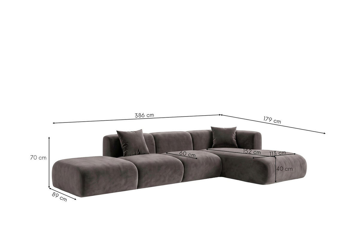ECKSOFA L-Form Mit Hocker, Velvet-Stoff Bluvel, Aschgrau, Rechts, GRETA - Grau, Holz (386/179cm) - Kaiser Möbel