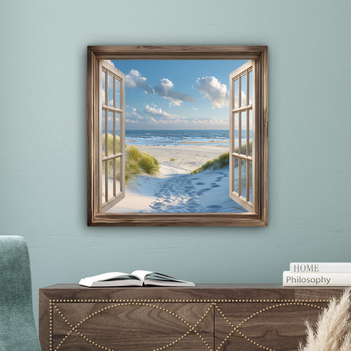 LEINWANDBILD Aussicht - Strand - Fenster - Dünen - Meer Wandbild Wohnzimmer 50x50 cm - Hellblau, Textil (50/50cm) - MuchoWow