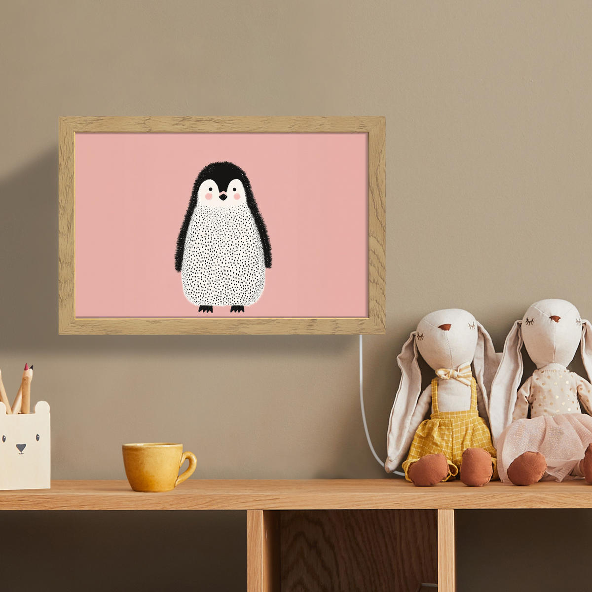 NÁSTĚNNÁ LAMPA Tučňák - Tečky - Minimalistický - Růžový 30x20 cm - růžová, kompozitní dřevo (30/20/8cm) - OnlyWow