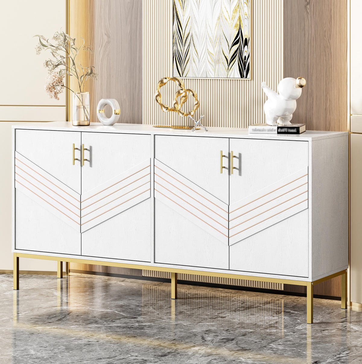 SIDEBOARD z MDF, 160/40/80,5 cm bílý/dekor dřeva se 4 dvířky - bílá, kompozitní dřevo (40/80.5/160cm) - BEAOK