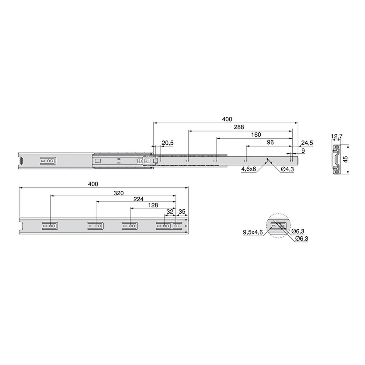 KORPUSSCHIENEEN Kugelgelagerter für Schubladen mit Vollauszug, Höhe 45mm, Länge 400mm, Stahl, Verzinkt - Zinkfarben, Metall (5.5/3/40cm) - EMUCA