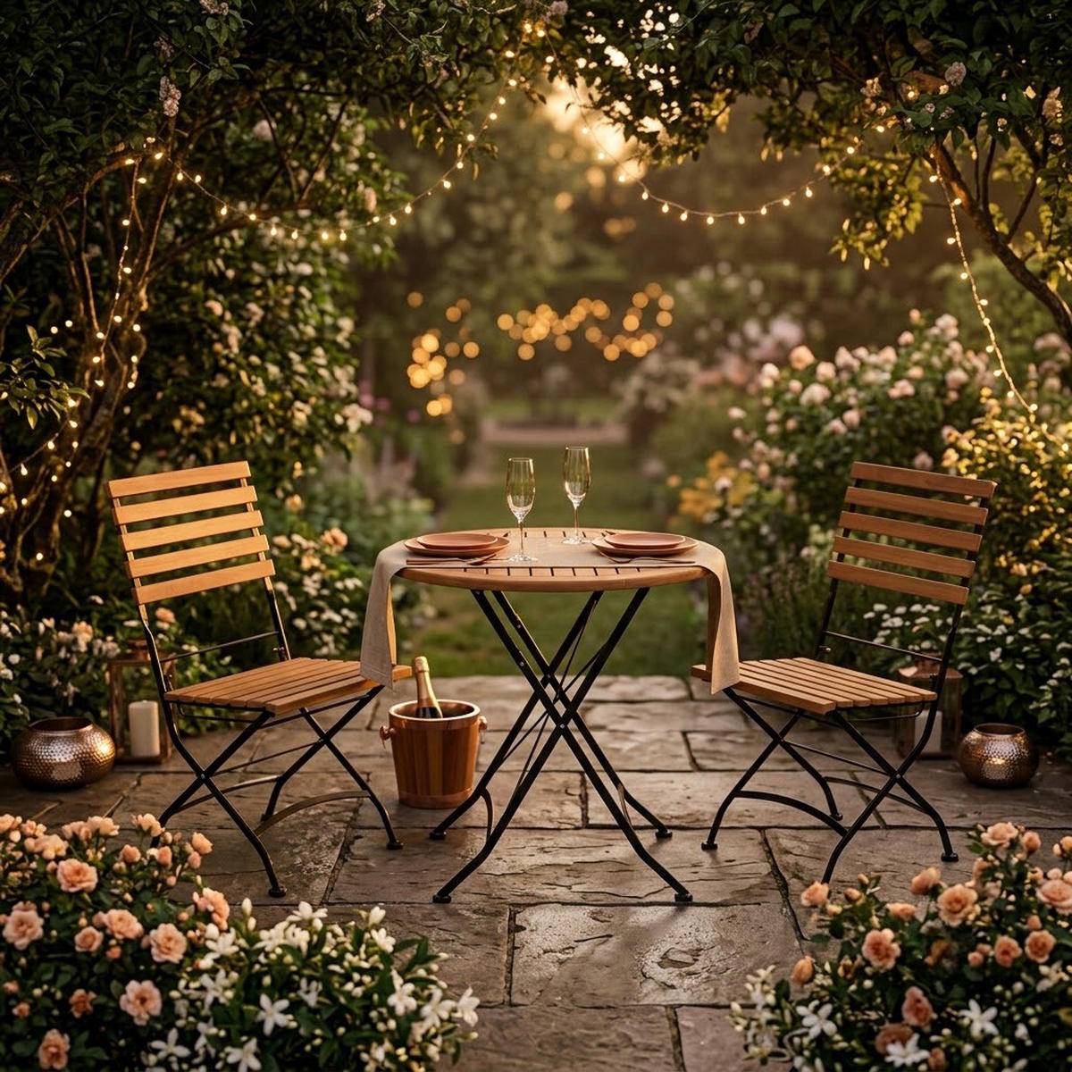 GARTENESSGRUPPE Bad Belzig - 3-teilig (2x Stuhl, 1x Tisch 75cm rund), Gestell Flachstahl schwarz, Latten Eukalyptusholz, FSC®-zertifiziert. - Schwarz, Metall - TPFGarden