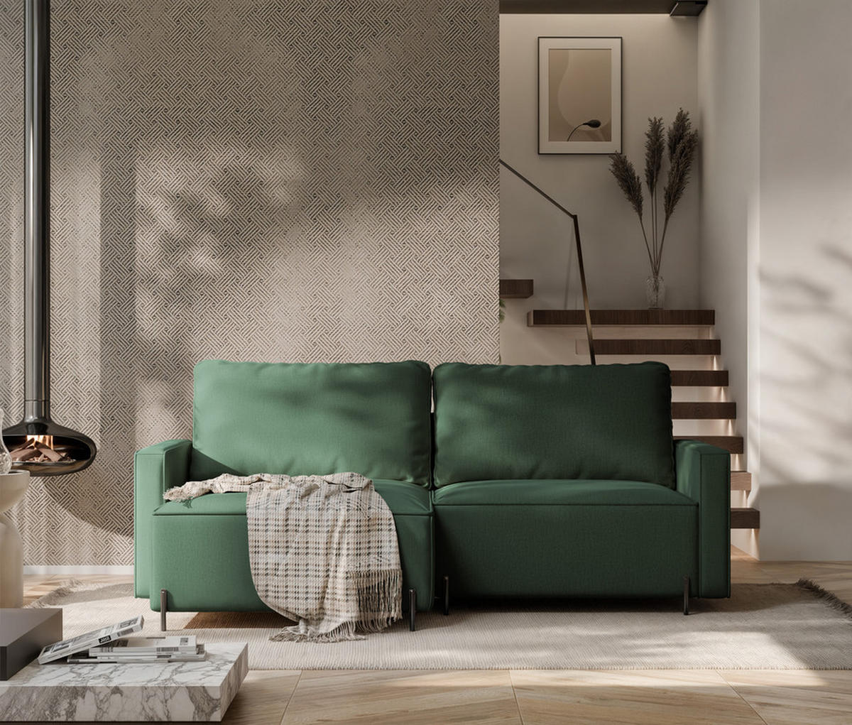 ECKSOFA LEO Links, mit Schlaffunktion und Bettkasten, Grün - Grün, Textil/Metall (229/148cm) - Idohome