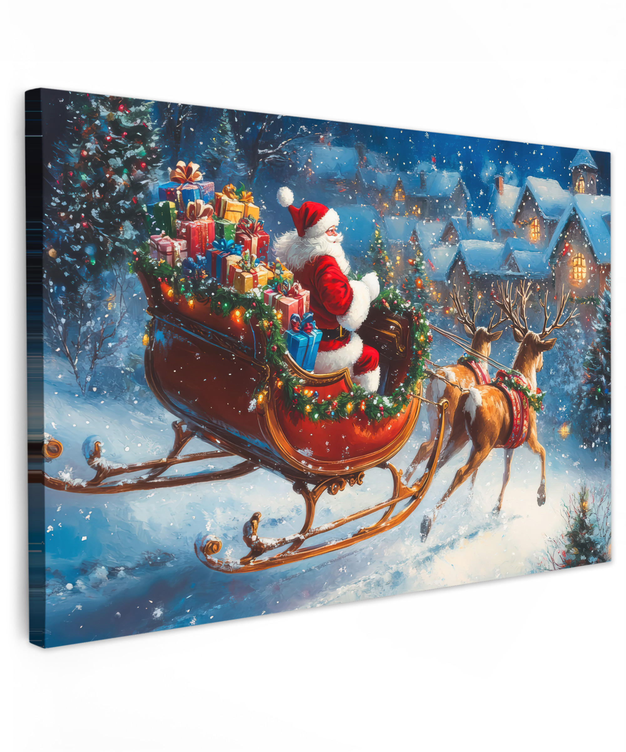 LEINWANDBILD Weihnachtsmann - Rentier - Weihnachten - Schnee XXL 150x100 cm - Cognac, Textil (150/100cm) - MuchoWow