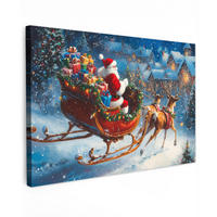 LEINWANDBILD Weihnachtsmann - Rentier - Weihnachten - Schnee Wanddeko 90x60 cm - Cognac, Textil (90/60cm) - MuchoWow