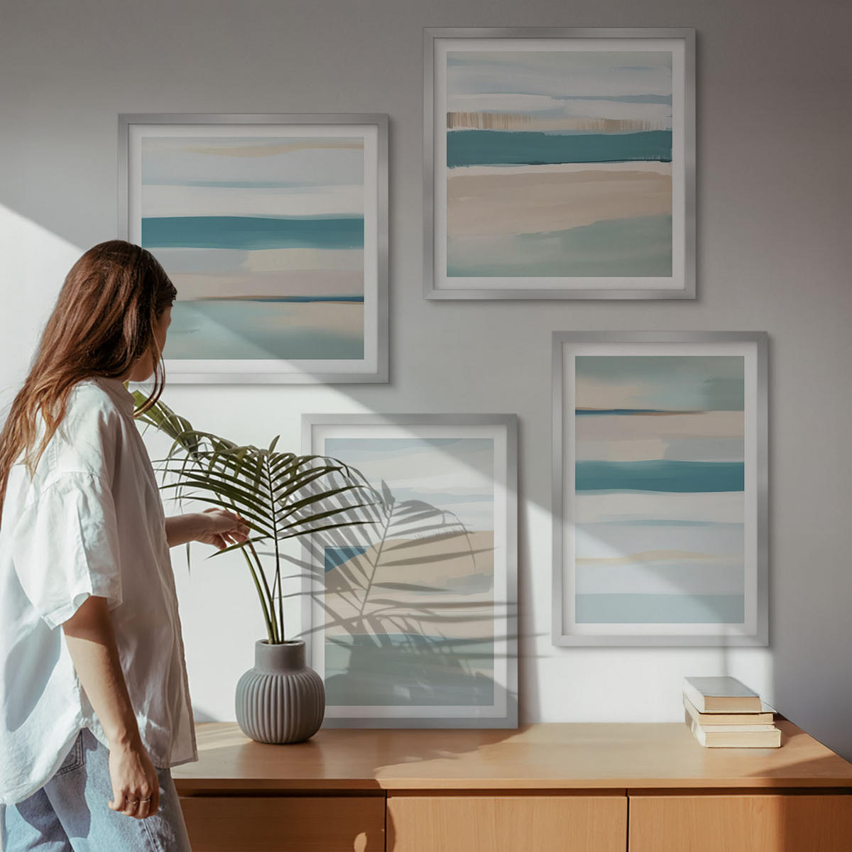 BILDER SET 4er Set - 50x50 cm & 40x60 cm Silberner Rahmen - Abstrakte blaue Landschaften - Silberfarben, Kunststoff (50/50cm) - TULUP
