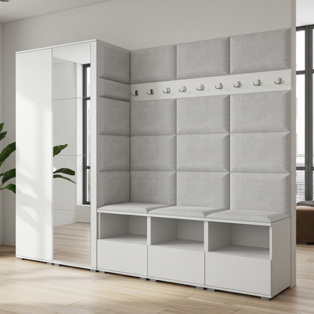 GARDEROBE NELA VII 250 cm (Modulare Flurmöbel XL Weiß mit Spiegel & Sitzpolster Hellgrau 32 Universell) - Silberfarben/Hellgrau, Holz/Holzwerkstoff (250/187/40cm) - Ravio
