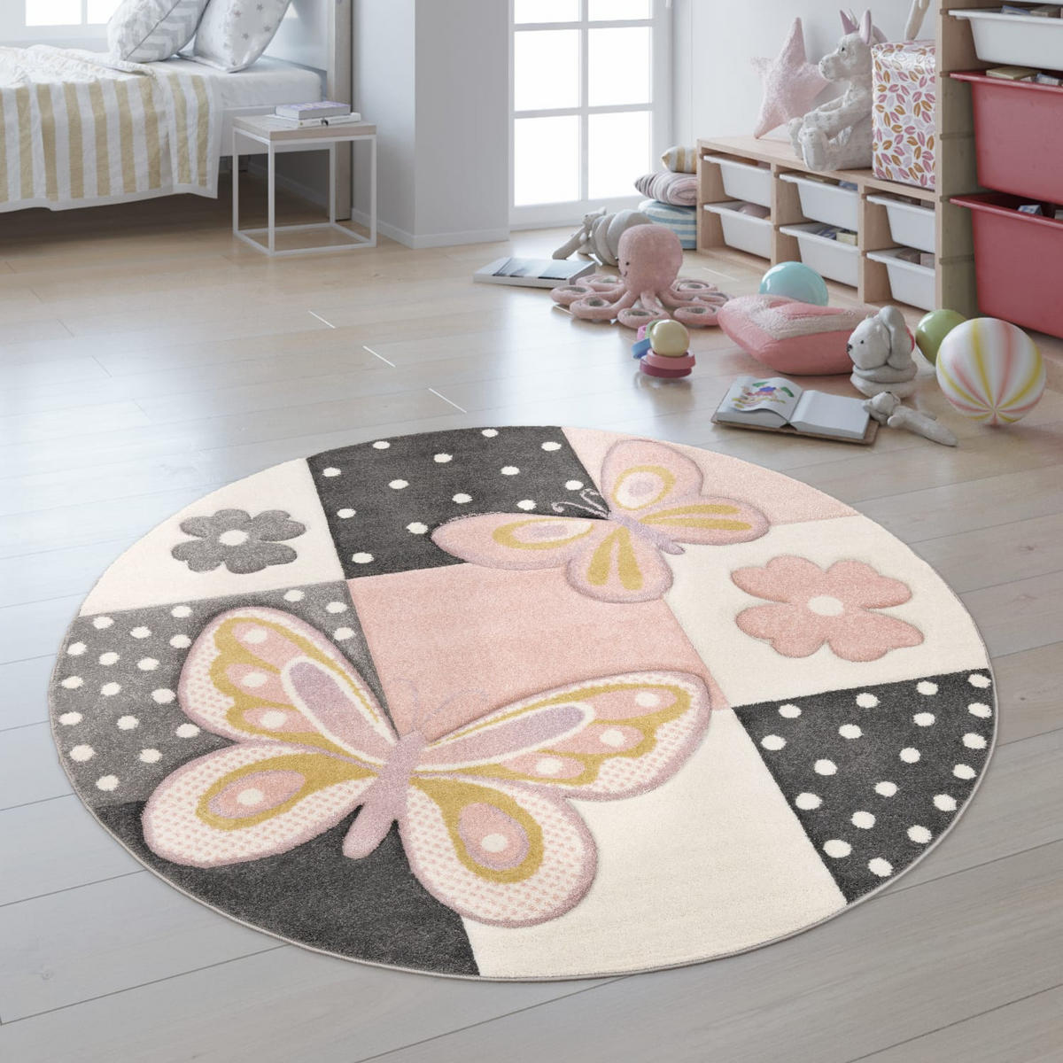 KINDERTEPPICH Schmetterlinge-Patchwork Kinderzimmer schmutzabweisend Mehrfarbig Rund 160D - Multicolor, Textil (160/160cm) - KADIMA DESIGN