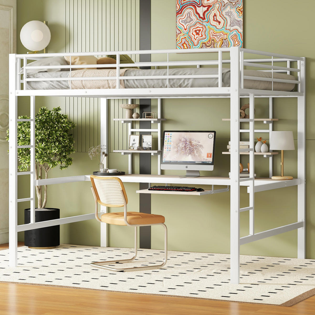 HOCHBETT 140/200 cm Weiß aus Metall mit Schreibtisch und 2 Regalen - Weiß, Metall (140/200cm) - OKMYHOME