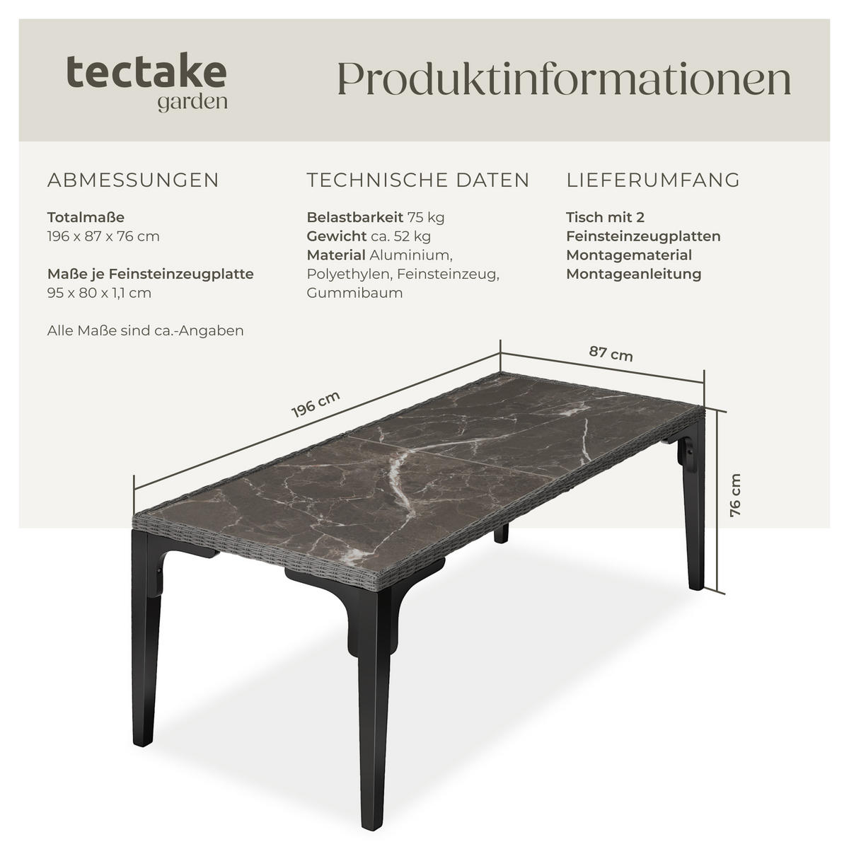 GARTENTISCH Foggia,196 x 87 x 76 cm,grau - Grau, Kunststoff (196/87/76cm) - tectake