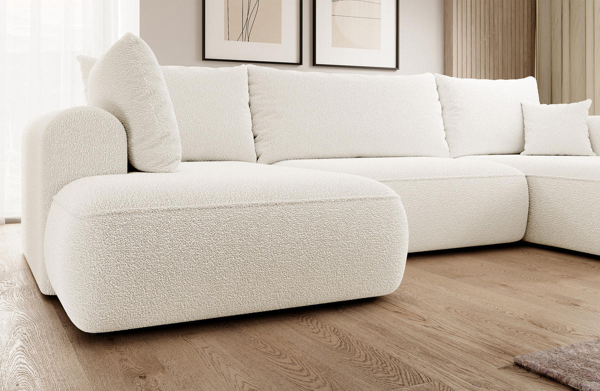WOHNLANDSCHAFT Ovo Creme Boucle - Creme/Schwarz, Textil (375/95/185cm) - Selsey