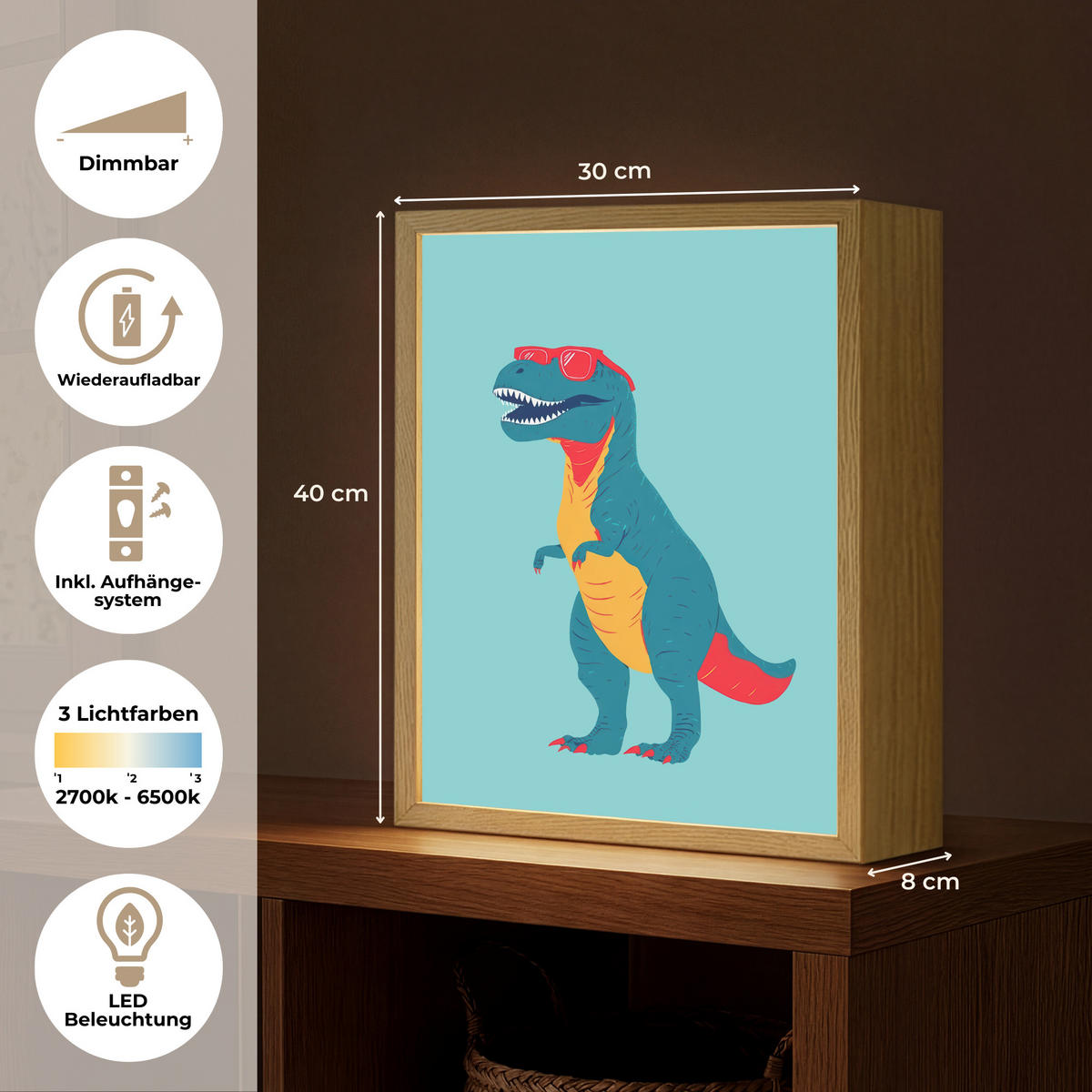 NÁSTĚNNÁ LAMPA S AKUMULÁTOREM Dinosaurus - Modrá - Sluneční brýle 30x40 cm - světle modrá, kompozitní dřevo (30/40/8cm) - OnlyWow