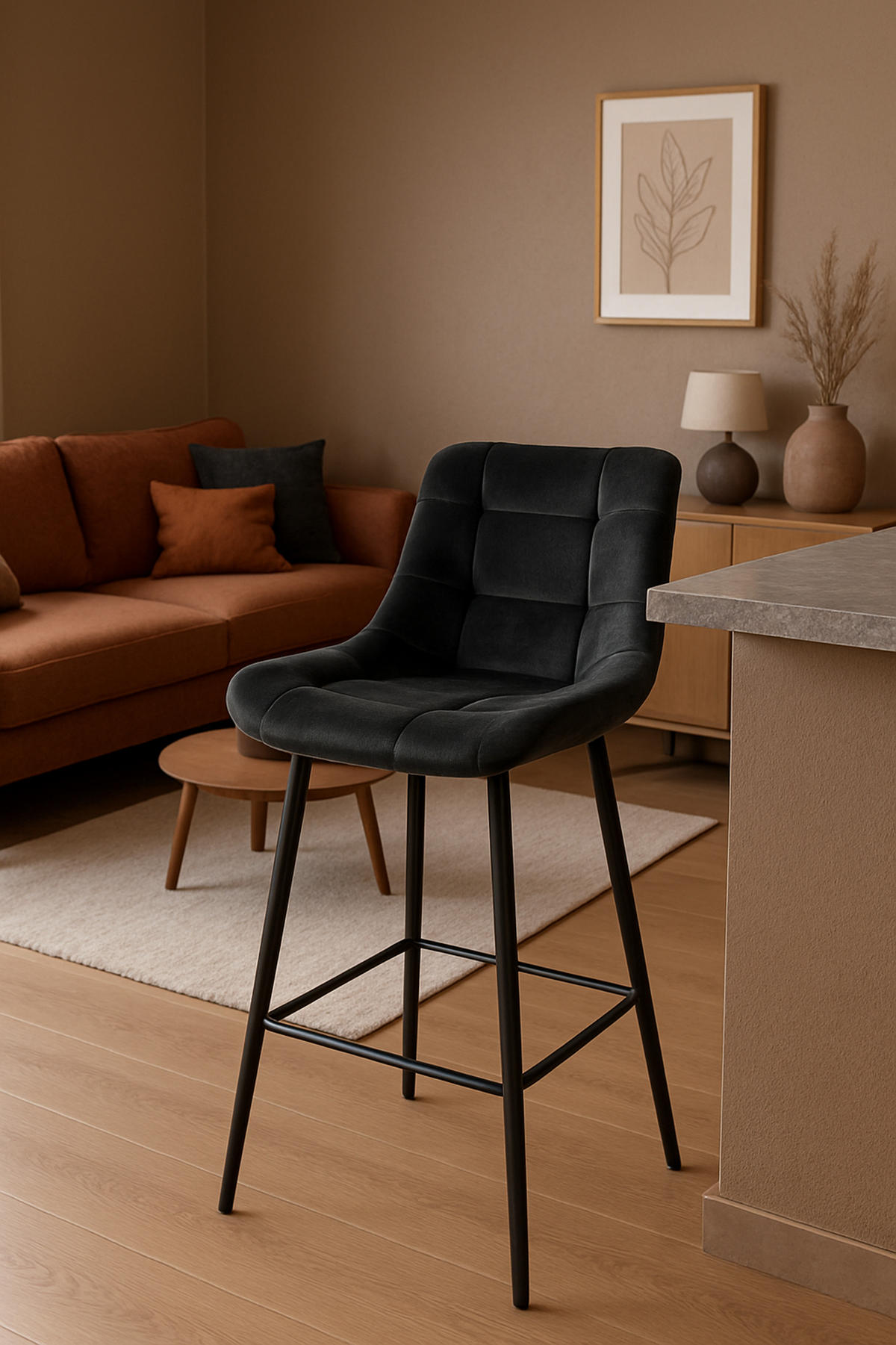 BARHOCKER Welton Samt schwarz - Schwarz, Textil/Metall (49/104/56cm) - TPFLiving
