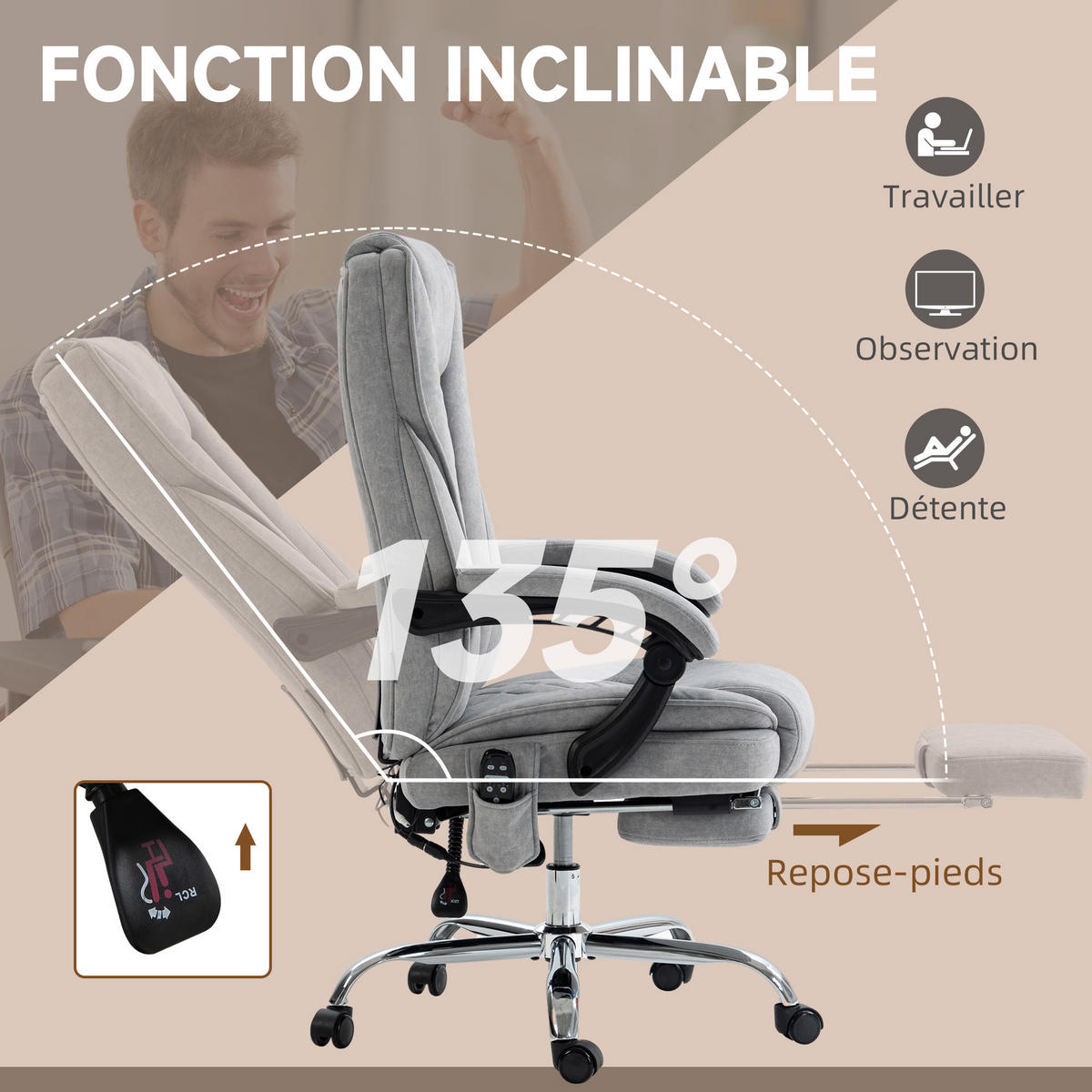 CHEFSESSEL mit massage- & heizfunktion DE-11729 neigbar Grau - Hellgrau, Textil (72/119/67cm) - ComfortXL