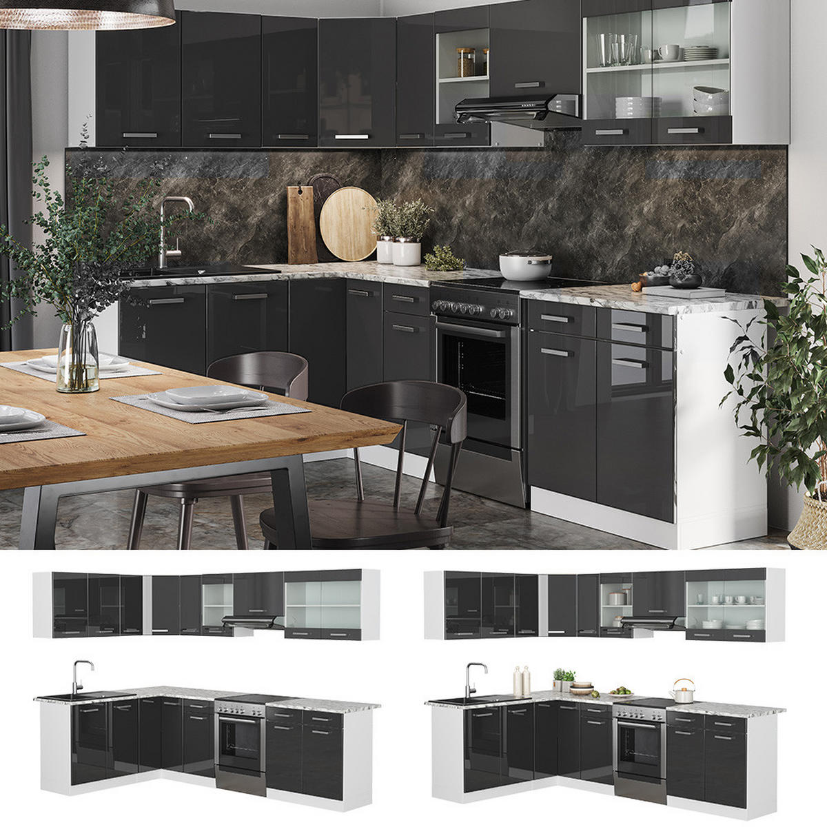 ECKKÜCHE Rick Weiß/Anthrazit Hochglanz 267 x 167 cm , AP Marmor - Anthrazit/Weiß, Holzwerkstoff (270/81.6/60cm) - Vicco