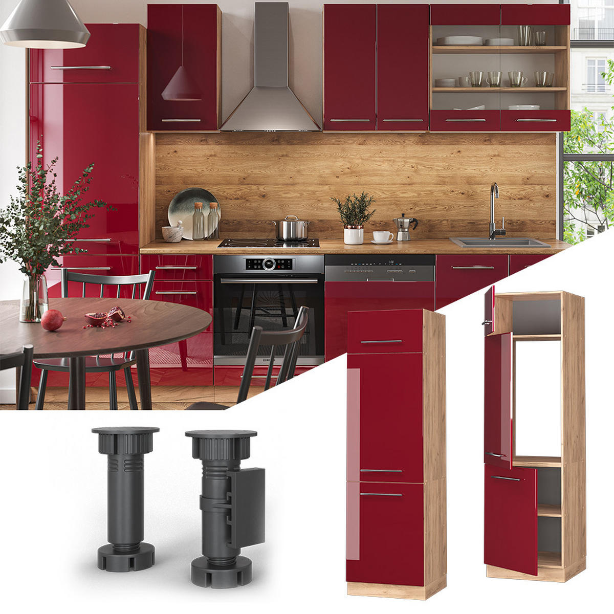 KÜCHENSCHRANK Fame-Line Bordeaux Hochglanz 60 cm - Honigeiche/Bordeaux, Holzwerkstoff (60/206.8/58.1cm) - Vicco