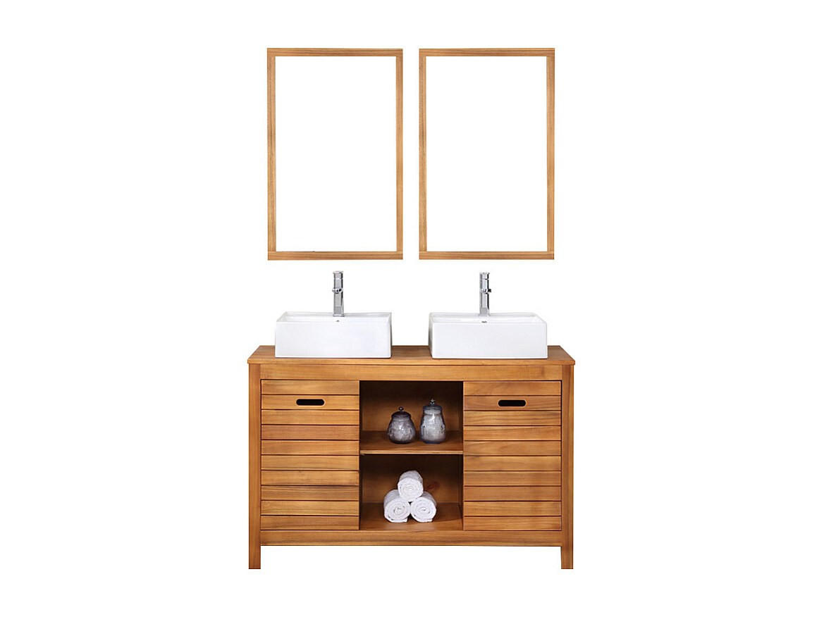 DOPPELWASCHTISCH - 130 cm x 50 cm - Keramik, Holz, Platte - Naturfarben Dunkel - PULUKAN - Naturfarben, Keramik/Holz (130/83/50cm) - Vente-Unique