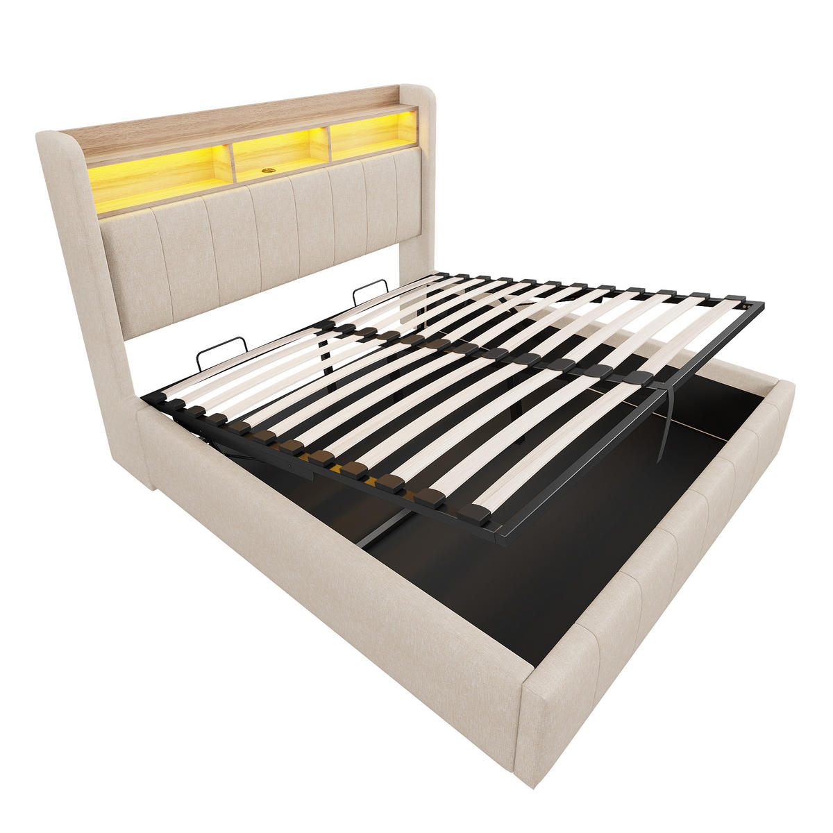 POLSTERBETT 160/200 cm Beige mit LED-Beleuchtung und USB-Steckdose, hydraulischem Stauraum - Beige, Textil (160/200cm) - OKWISH