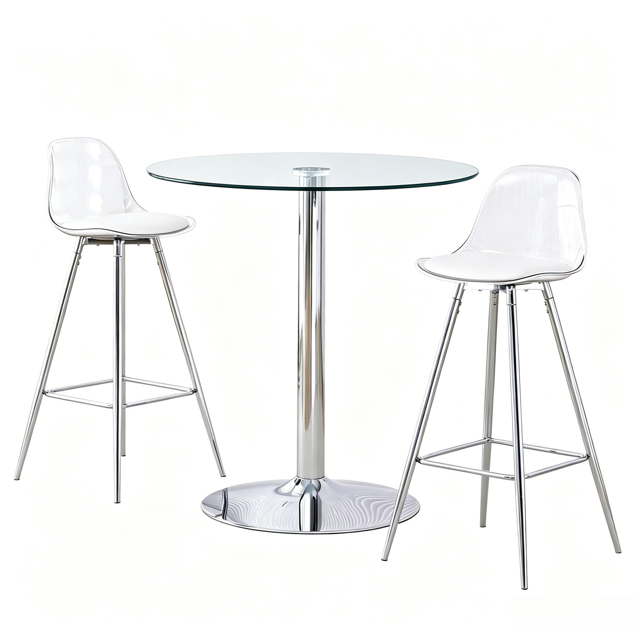 TISCHGRUPPE 3-tlg Runder Glastisch 89cm mit 2 Barhockern-Transparent und Flexibel - Transparent, Glas/Metall (41.5/33.5/72cm) - Raelunyi
