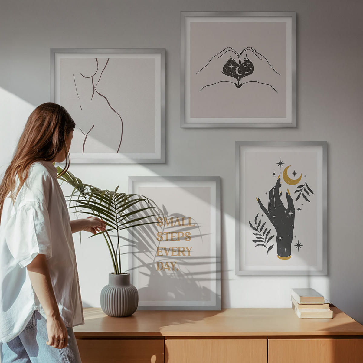 BILDER SET 4er Set - 50x50 cm & 40x60 cm Silberner Rahmen - Minimalistische Boho-Illustrationen - Silberfarben, Kunststoff (50/50cm) - TULUP