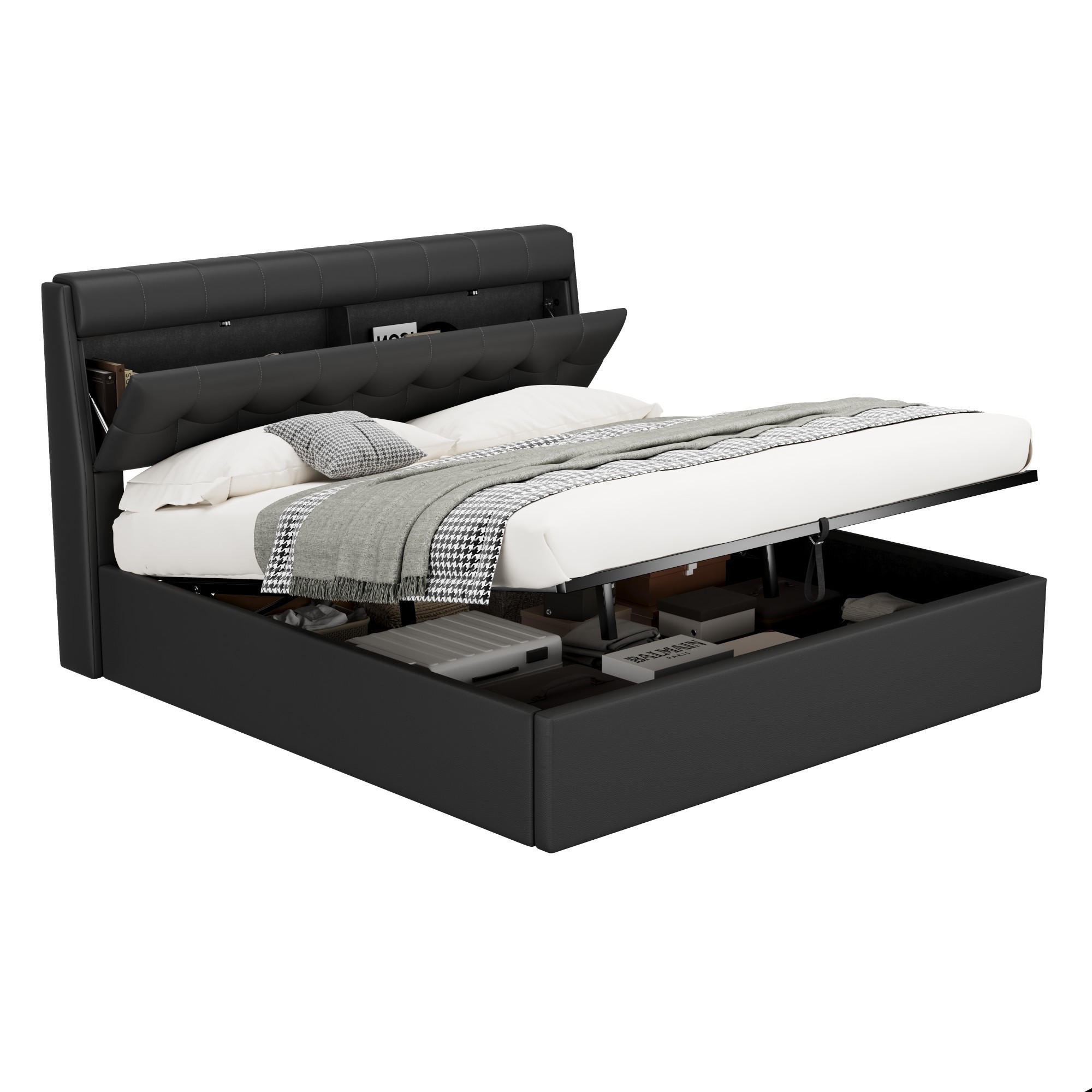 POLSTERBETT 180x200cm Schwarz PU Mit Hydraulik & Verdecktem Stauraum - Schwarz, Leder (180/200cm) - FLIEKS