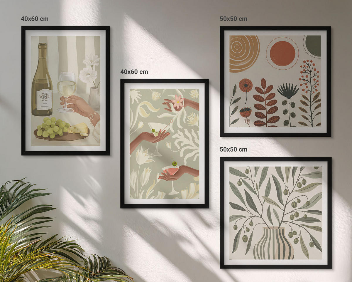 BILDER SET 4er Set - 50x50 cm & 40x60 cm Schwarzer Rahmen - Rustikale Cocktails mit Olivenblüten - Schwarz, Kunststoff (50/50cm) - TULUP