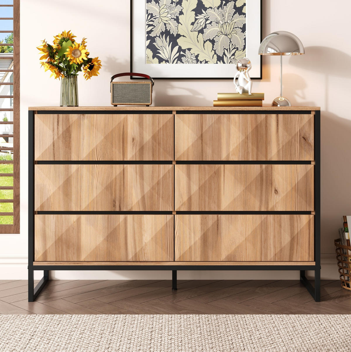 SIDEBOARD mit 6 Schubladen, Schwarz und Holz mit Metallgestell und verdeckten Griffleisten, 120/40/80 cm,Naturfarben - Naturfarben, Holzwerkstoff (120/80/40cm) - Redom