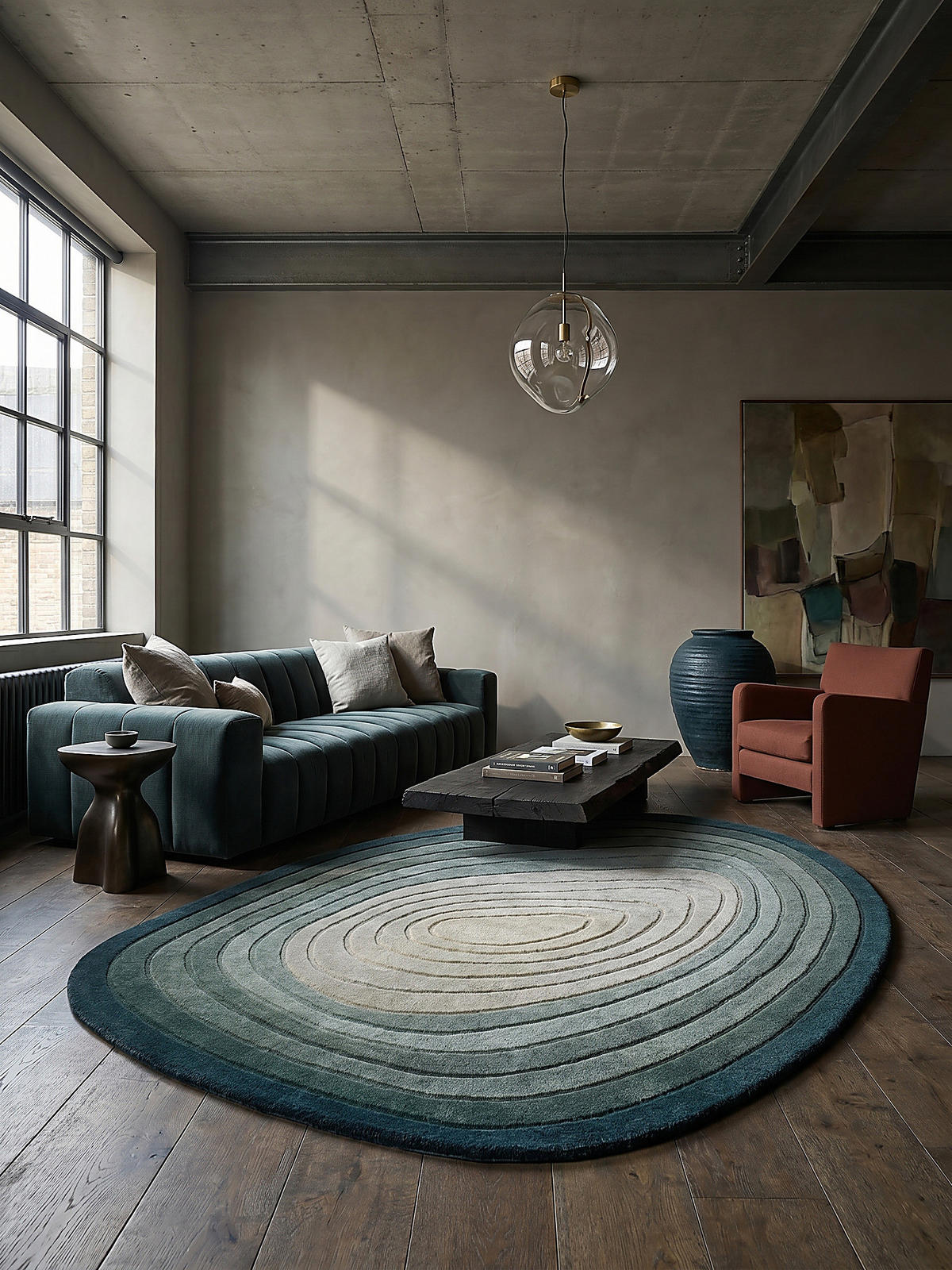 TEPPICH Wolle, Organische Form, Ombre Farbverlauf, Handgefertigt, Hoch-Tief-Flor-Effekt Türkis-Beige Oval 160x230 - Blau, Textil (230/160cm) - KADIMA DESIGN