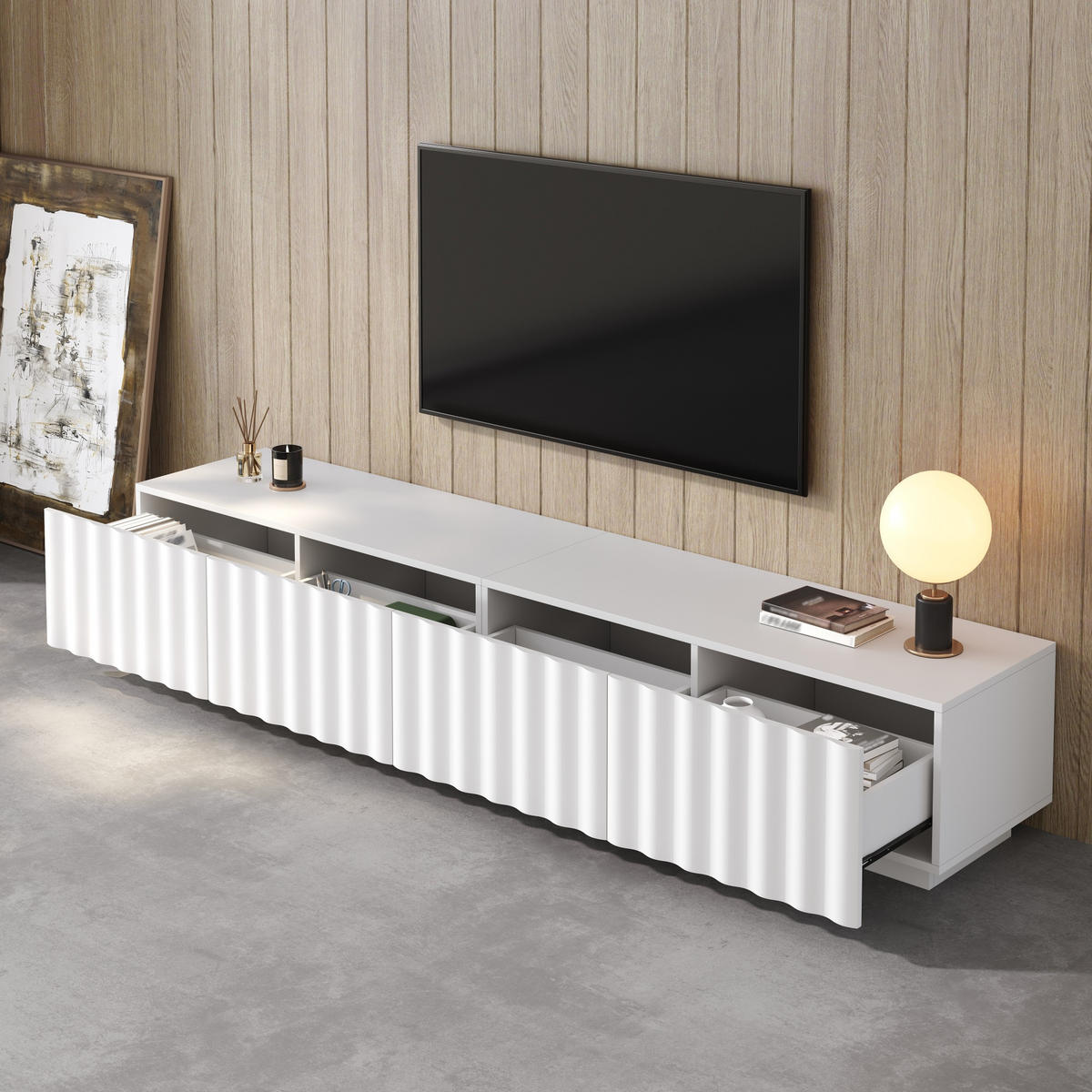 TV-SCHRANK Wellenfront Push-to-Open Stauraum modern - Weiß, Holzwerkstoff (40/35/200cm) - FLIEKS