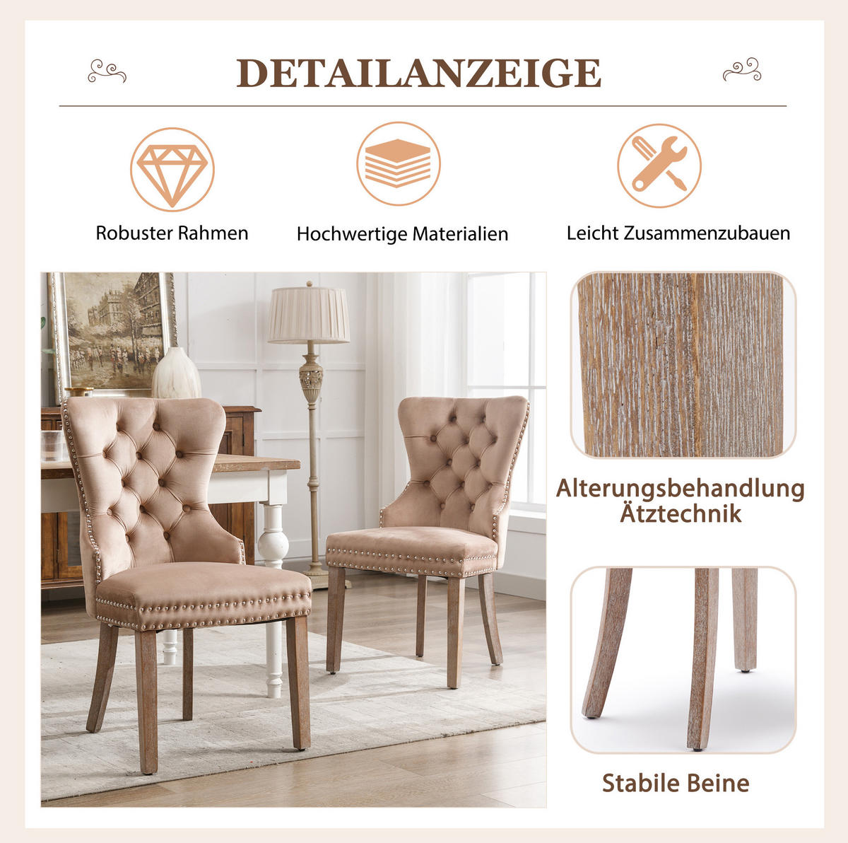 POLSTERSTUHL 2er-Set Samt mit Nagelkopfbesatz und Massivholzbeinen Light Coffee - Braun, Holz (46.5/95/53cm) - Meubliv