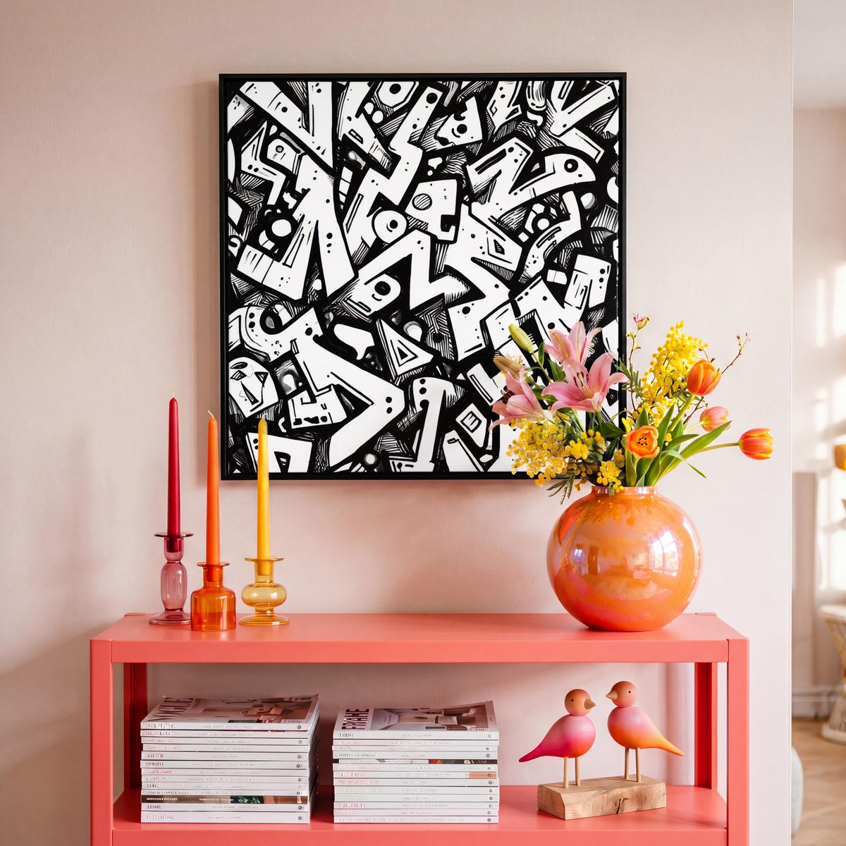 LEINWAND Bilder mit Rahmen - Formen - Buchstaben - Graffiti - Schwarz - 50x50 - Schwarz, Textil (50/50cm) - MuchoWow