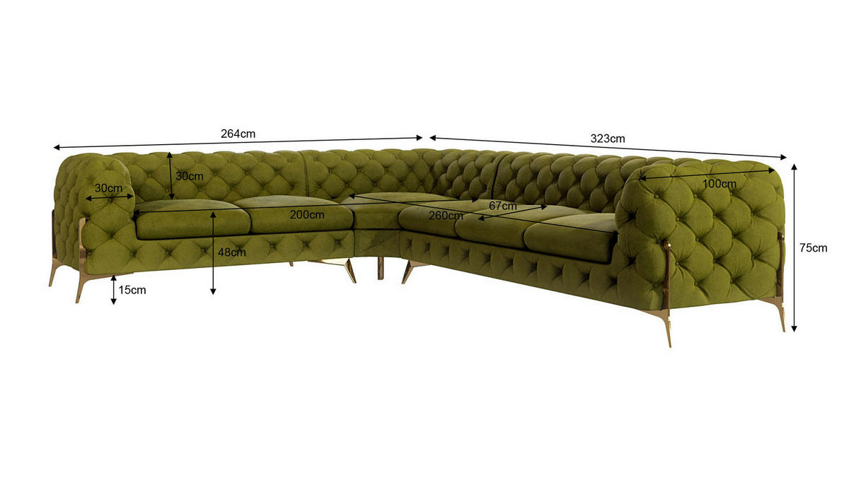 ECKSOFA Chesterfield Lexi Olive Samt, langer Schenkel rechts - Goldfarben/Olivgrün, Holz/Textil (323/264cm) - S-Style Möbel