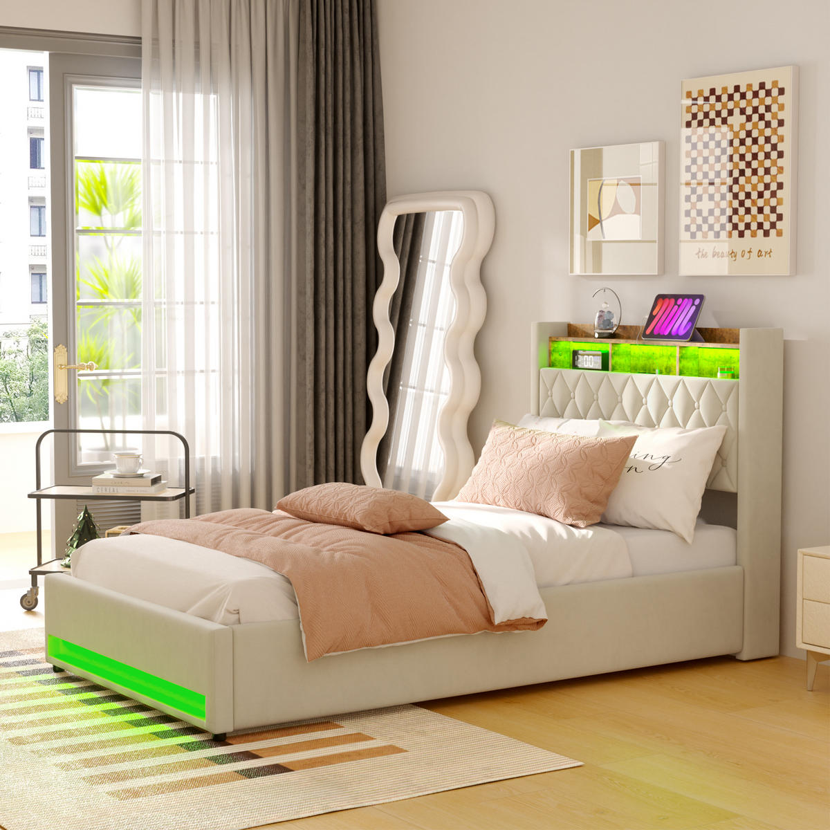 POLSTERBETT 140/200 cm Beige mit LED-Lichtleiste und USB-Anschlüssen - Beige, Holzwerkstoff (140/200cm) - OKWISH