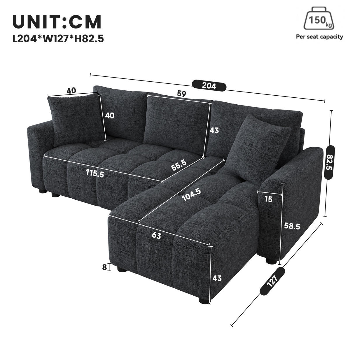 ECKSOFA 204/127/82,5 cm grau aus Chenille mit Chaiselongue - Grau, Textil (127/204cm) - OKWISH