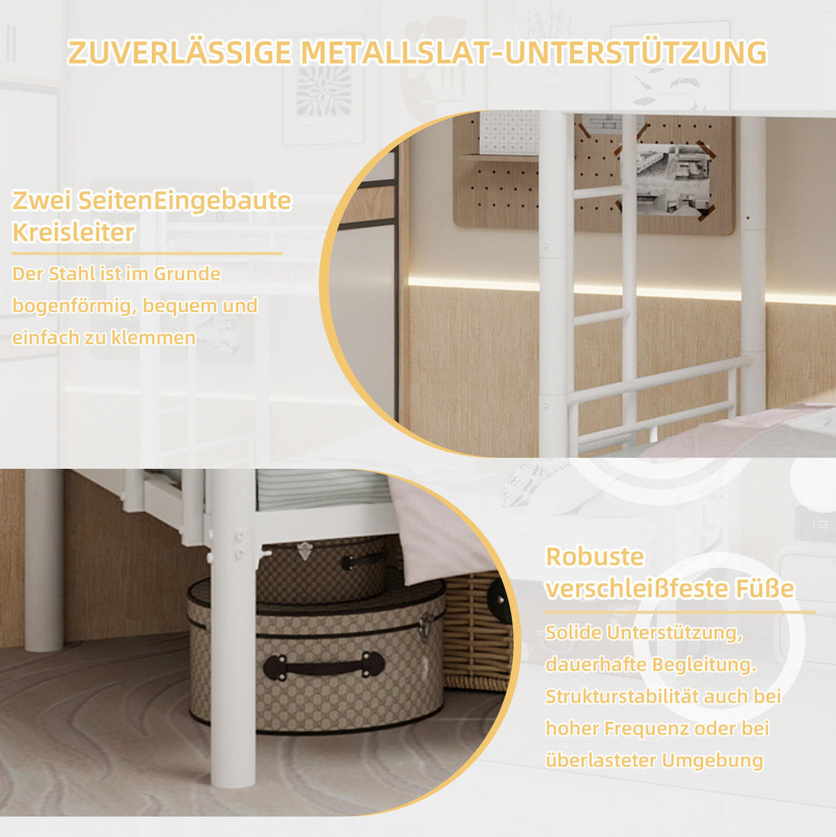 ETAGENBETT 90/190 cm umbaubar zu 2 Einzelbetten mit Leiter und Sicherheitsgeländer aus Stahl, Weiß - Weiß, Metall (90/190cm) - Redom