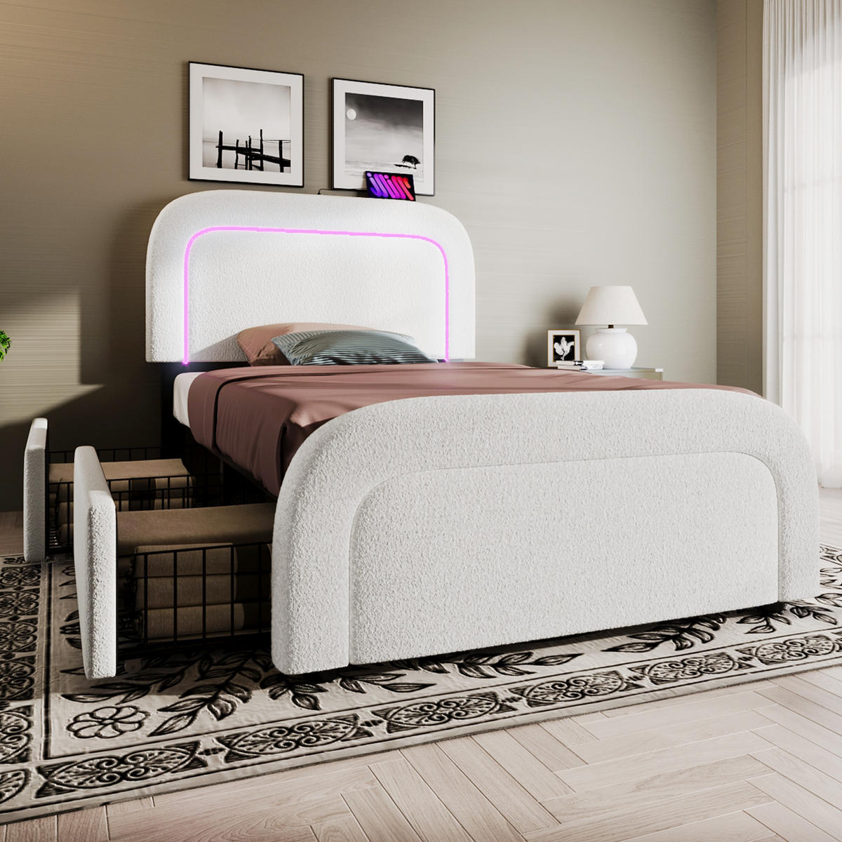 POLSTERBETT 90/200 cm mit LED-Beleuchtung, USB/Type-C am Kopfteil & 2 Schubladen, Weiß - Weiß, Textil (90/200cm) - Redom