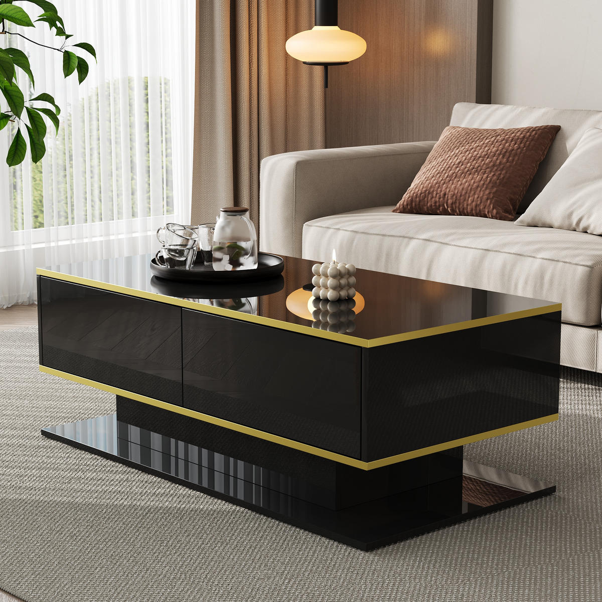 COUCHTISCH LED Hochglanz 100 cm 3 Schubladen Gold - Schwarz, Holzwerkstoff (50/100/40cm) - LEBENLANG