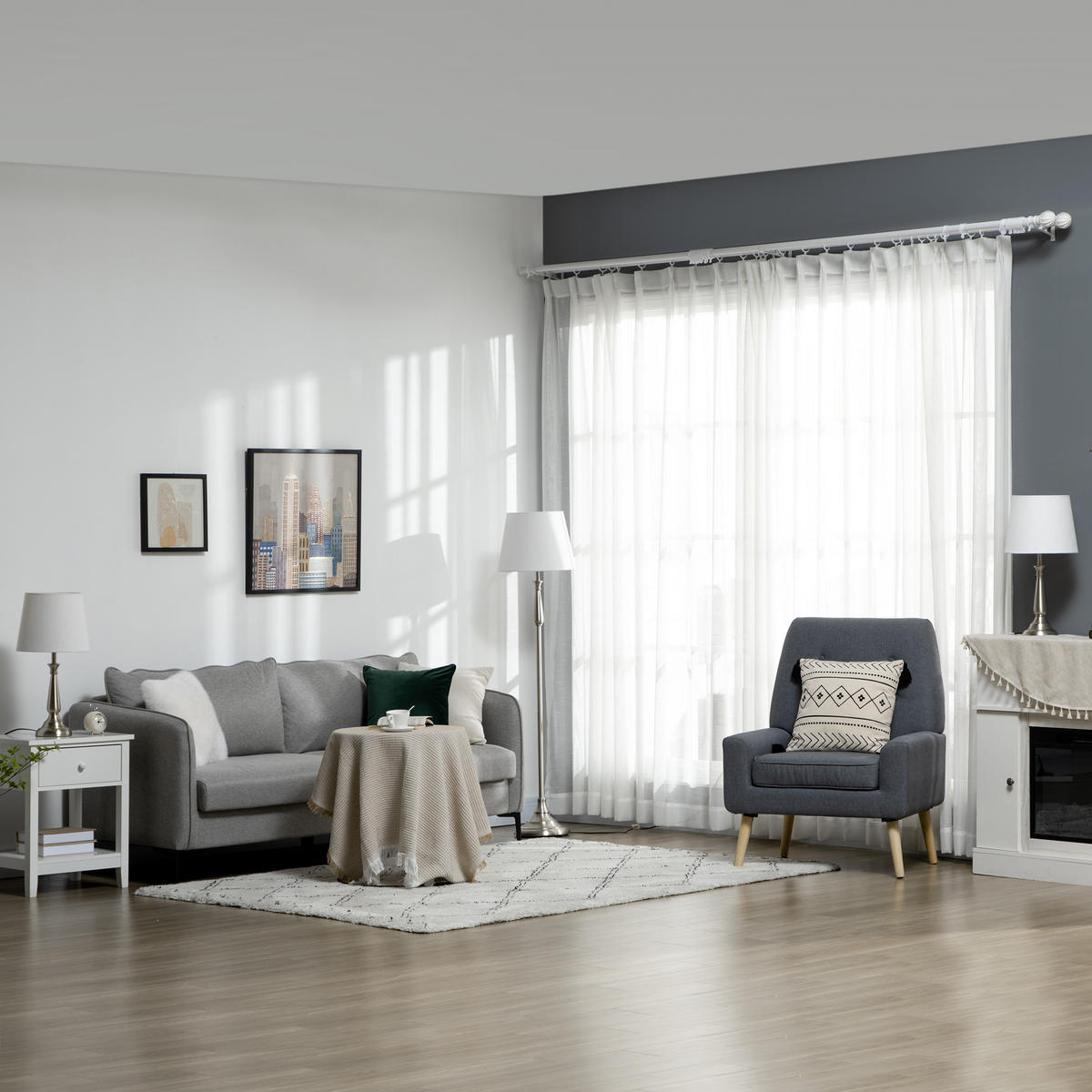 3ER-LAMPENSET inkl. 2 Tischleuchte, 1 Stehlampe im Vintage-Design für Wohnzimmer - Creme, Metall (35.5/35.5/146cm) - HOMCOM