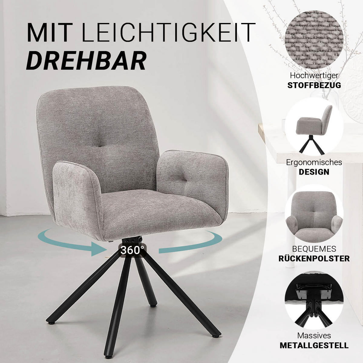 ARMLEHNENSTUHL in Grau 2 Stück drehbar - Anthrazit, Textil (58/88/60cm) - Homestyle4u