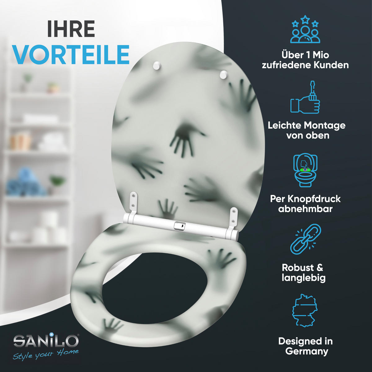 WC-SITZ mit Absenkautomatik & Top Fix Shadow Hands - Grau, Holzwerkstoff (37.7/5.5/48cm) - Sanilo