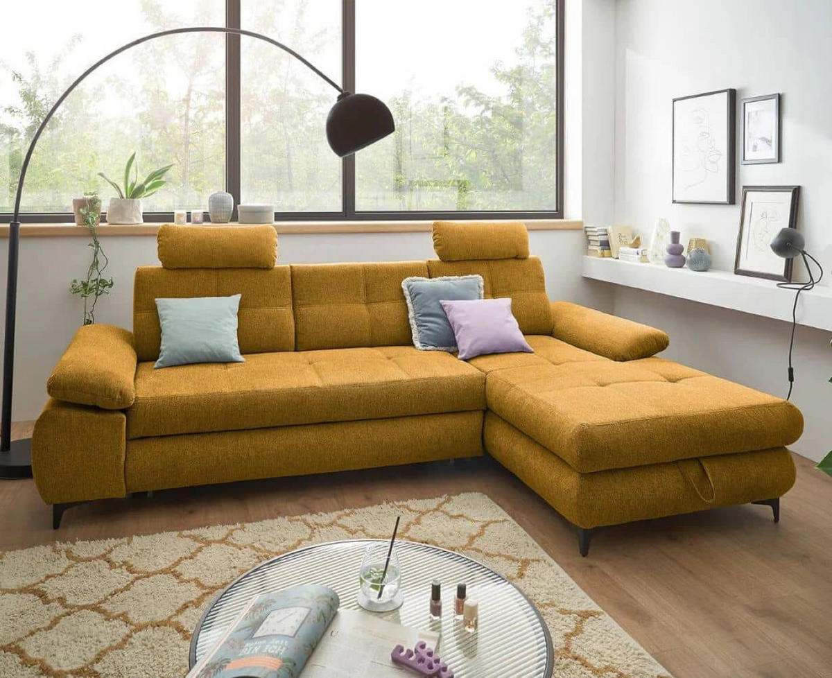 ECKSOFA mit Schlaffunktion und Bettkasten - Gelb/Schwarz, Kunststoff/Textil (177/274cm) - ed exciting design