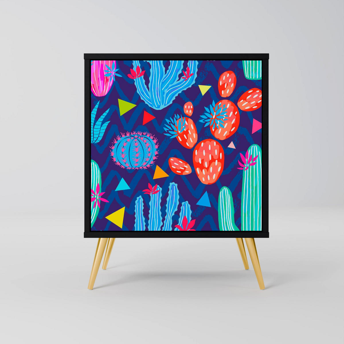 SIDEBOARD CACTUS VIBES, Schwarz, 57,5x42x70,5 cm, Schwarze Metall-Sternfüße - Multicolor/Schwarz, Holzwerkstoff/Metall (57.5/70.5/42cm) - SpaceRebels