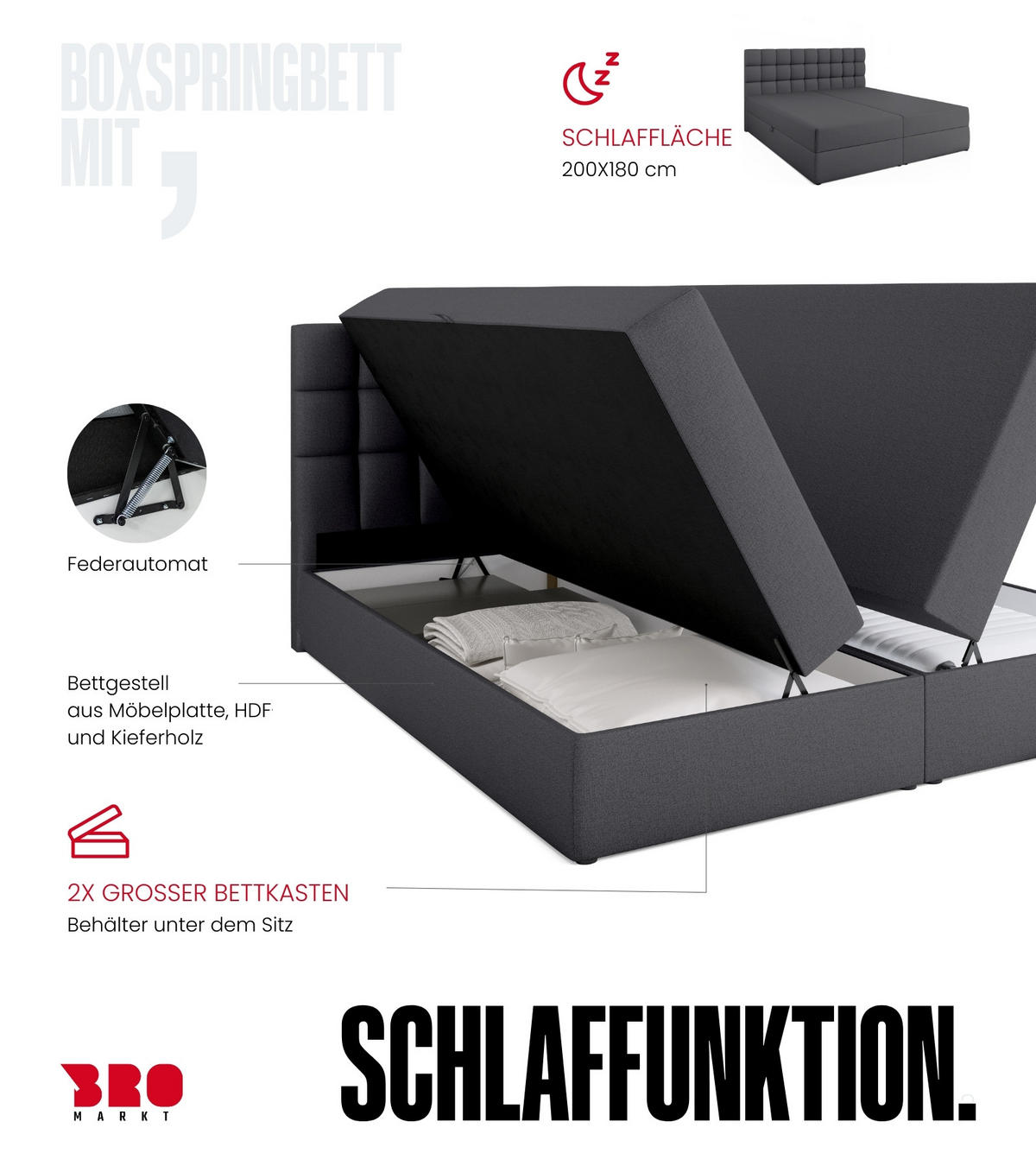 BOXBETT Dakota mit Topper 180/200 Dunkelgrau - Dunkelgrau, Textil (180/200cm) - Bromarkt