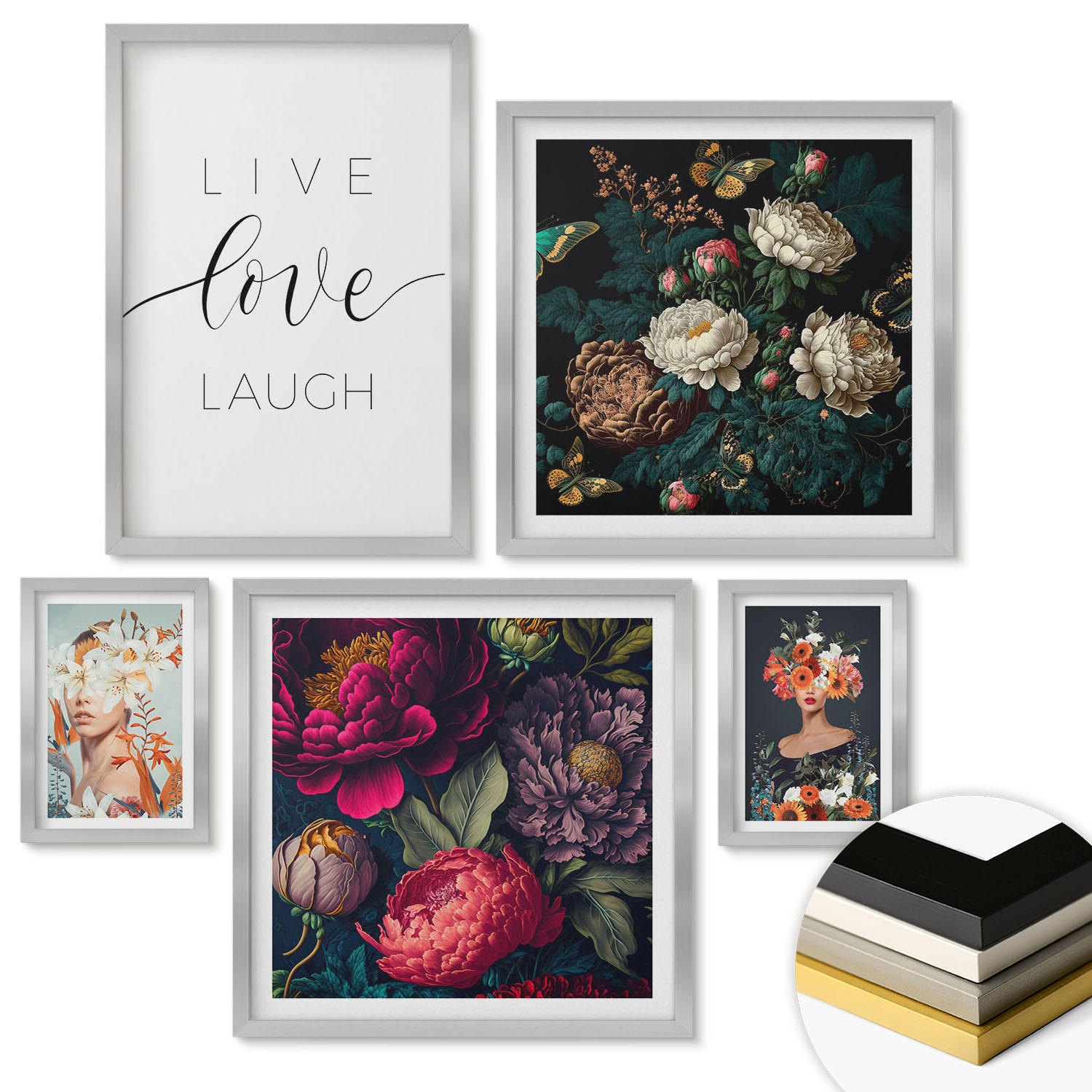 WANDBILDER 5er Set - 50x50 cm & 20x30 cm & 40x60 cm Silberner Rahmen - Blumenporträts, Sträuße, Blätter - Silberfarben, Kunststoff (40/60cm) - ArtPrintCave