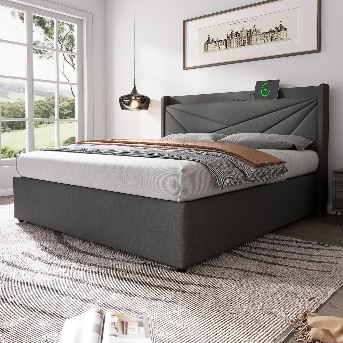 POLSTERBETT mit Bettkasten 180/200 cm in Grau mit USB-C und gepolstertem Kopfteil - Grau, Textil (180/200cm) - BEAOK