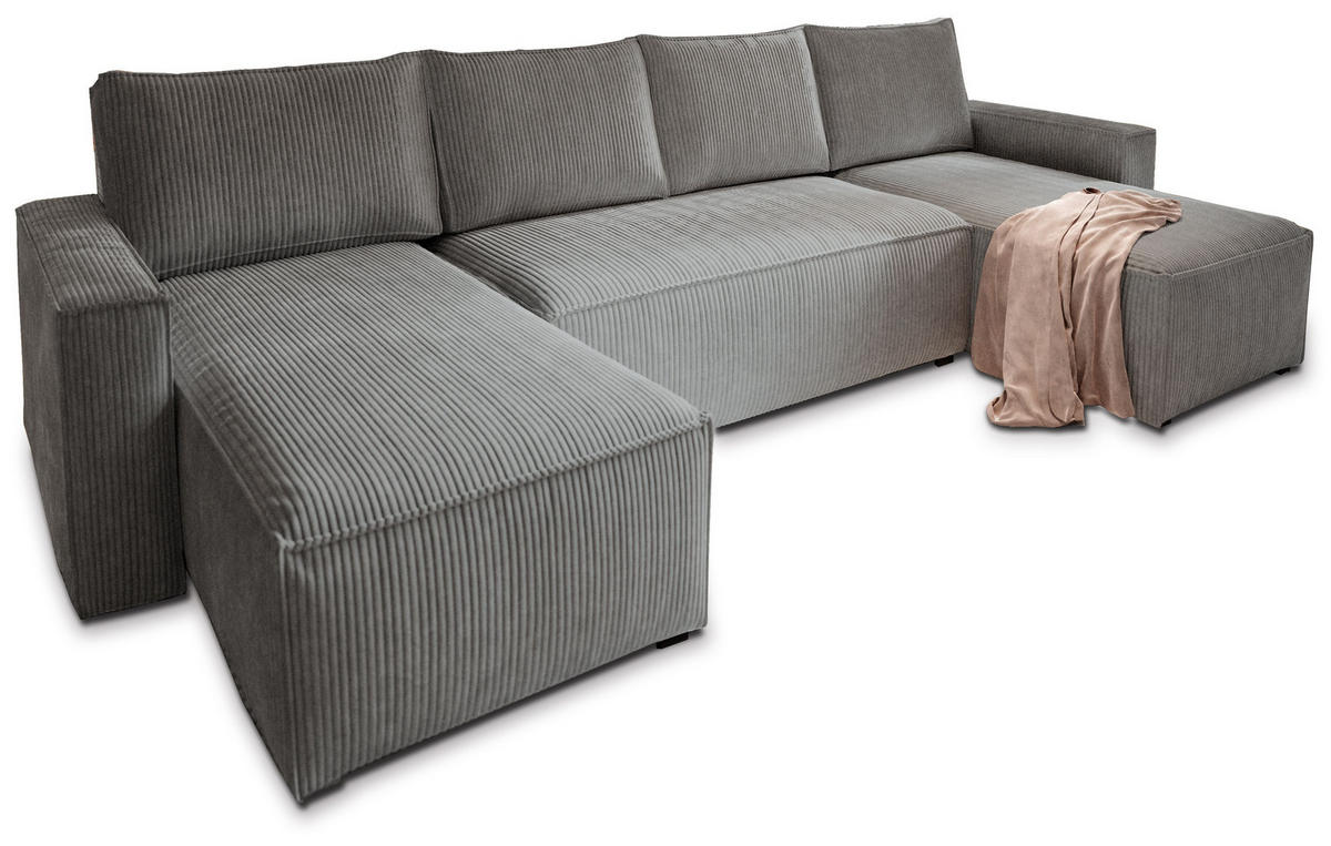 WOHNLANDSCHAFT ASPRA Grau Kordstoff mit Schlaffunktion - Grau, Holz (295/85/140cm) - MASSENO